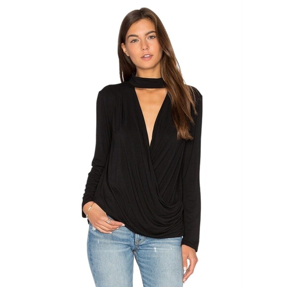 KRISA Surplice Turtleneck Deep-V Choker Neck Top Faux wrap in Black Size Small - Picture 1 of 10